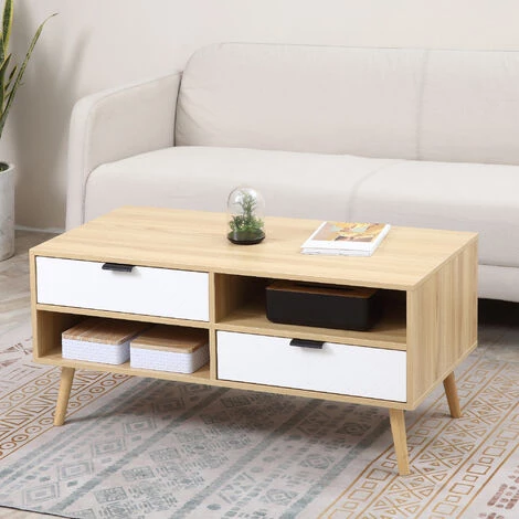 HOMCOM Table Basse Rectangulaire Design Scandinave 3 Niches 2 Tiroirs Coulissants Façades Chevrons Blanc Aspect Chêne Clair 4 HOMCOM Table Basse Rectangulaire Design Scandinave 3 Niches 2 Tiroirs Coulissants Façades Chevrons Blanc Aspect Chêne Clair â Image 2