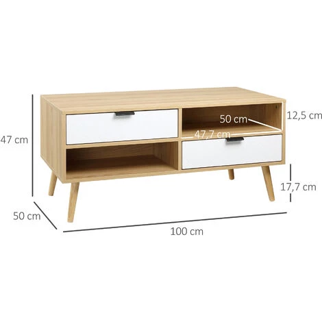 HOMCOM Table Basse Rectangulaire Design Scandinave 3 Niches 2 Tiroirs Coulissants Façades Chevrons Blanc Aspect Chêne Clair 5 HOMCOM Table Basse Rectangulaire Design Scandinave 3 Niches 2 Tiroirs Coulissants Façades Chevrons Blanc Aspect Chêne Clair â Image 3