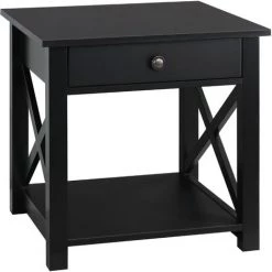 HOMCOM Table De Chevet Table De Nuit Style Cosy Avec Croix Latérales Tiroir Et étagère MDF Noir - Noir