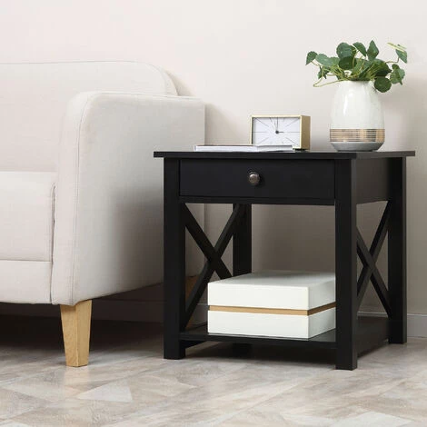 HOMCOM Table De Chevet Table De Nuit Style Cosy Avec Croix Latérales Tiroir Et étagère MDF Noir - Noir 4 HOMCOM Table De Chevet Table De Nuit Style Cosy Avec Croix Latérales Tiroir Et étagère MDF Noir - Noir – Image 2