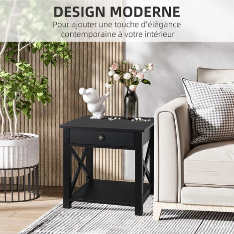 HOMCOM Table De Chevet Table De Nuit Style Cosy Avec Croix Latérales Tiroir Et étagère MDF Noir - Noir 6 HOMCOM Table De Chevet Table De Nuit Style Cosy Avec Croix Latérales Tiroir Et étagère MDF Noir - Noir – Image 4