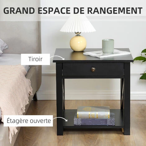 HOMCOM Table De Chevet Table De Nuit Style Cosy Avec Croix Latérales Tiroir Et étagère MDF Noir - Noir 7 HOMCOM Table De Chevet Table De Nuit Style Cosy Avec Croix Latérales Tiroir Et étagère MDF Noir - Noir – Image 5