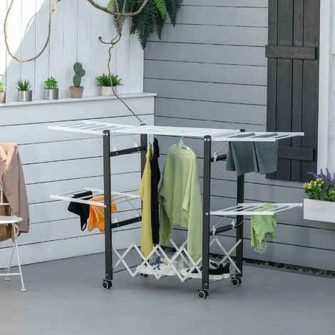 HOMCOM Séchoir à Linge étendoir à Vêtements Pliable Réglable Avec 4 Roulettes - Grand Capacité - Dim. 157,5L X 54l X 101H Cm - Alu. Métal Blanc Noir - Noir 4 HOMCOM Séchoir à Linge étendoir à Vêtements Pliable Réglable Avec 4 Roulettes - Grand Capacité - Dim. 157,5L X 54l X 101H Cm - Alu. Métal Blanc Noir - Noir – Image 2