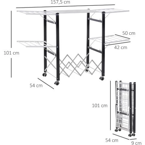 HOMCOM Séchoir à Linge étendoir à Vêtements Pliable Réglable Avec 4 Roulettes - Grand Capacité - Dim. 157,5L X 54l X 101H Cm - Alu. Métal Blanc Noir - Noir 5 HOMCOM Séchoir à Linge étendoir à Vêtements Pliable Réglable Avec 4 Roulettes - Grand Capacité - Dim. 157,5L X 54l X 101H Cm - Alu. Métal Blanc Noir - Noir – Image 3