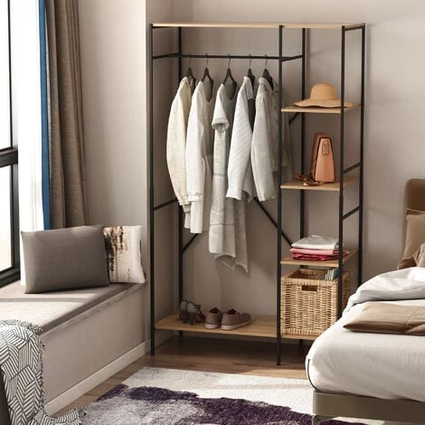 HOMCOM Penderie Portant à Vêtements Style Industriel En Métal Avec Tringle Et 4 étagères - Dim. 100L X 46L X 170,5H Cm - Métal Aspect Chêne Clair 4 HOMCOM Penderie Portant à Vêtements Style Industriel En Métal Avec Tringle Et 4 étagères - Dim. 100L X 46L X 170,5H Cm - Métal Aspect Chêne Clair – Image 2