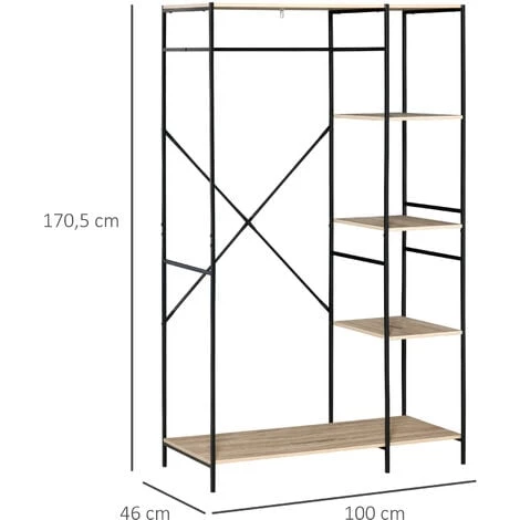 HOMCOM Penderie Portant à Vêtements Style Industriel En Métal Avec Tringle Et 4 étagères - Dim. 100L X 46L X 170,5H Cm - Métal Aspect Chêne Clair 5 HOMCOM Penderie Portant à Vêtements Style Industriel En Métal Avec Tringle Et 4 étagères - Dim. 100L X 46L X 170,5H Cm - Métal Aspect Chêne Clair – Image 3