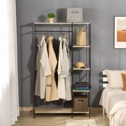 HOMCOM Penderie Portant à Vêtements Style Industriel En Métal Avec Tringle Et 4 étagères - Dim. 100L X 46L X 170,5H Cm - Métal Aspect Chêne Clair 10 HOMCOM Penderie Portant à Vêtements Style Industriel En Métal Avec Tringle Et 4 étagères - Dim. 100L X 46L X 170,5H Cm - Métal Aspect Chêne Clair -France HOMCOM Soldes 2022 56842119 4