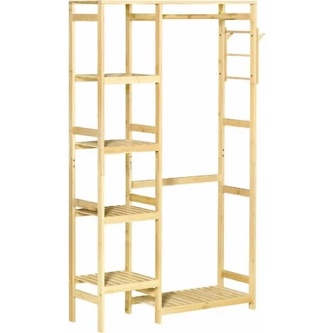 HOMCOM Penderie Porte-manteaux - 5 étagères, Espace Penderie, 2 Patères - Dim. 90L X 30l X 155H Cm - Bois Bambou 3 HOMCOM Penderie Porte-manteaux - 5 étagères, Espace Penderie, 2 Patères - Dim. 90L X 30l X 155H Cm - Bois Bambou
