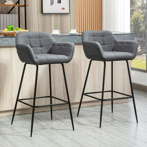 HOMCOM Lot De 2 Tabourets De Bar Design Assise Dossier Capitonné Repose-pied Acier Noir Aspect Lin Gris 4 HOMCOM Lot De 2 Tabourets De Bar Design Assise Dossier Capitonné Repose-pied Acier Noir Aspect Lin Gris – Image 2