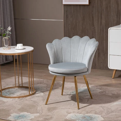 HOMCOM Chaise Coquillage Chaise Design Pieds Métal Dorés Effilés Velours Gris 4 HOMCOM Chaise Coquillage Chaise Design Pieds Métal Dorés Effilés Velours Gris – Image 2