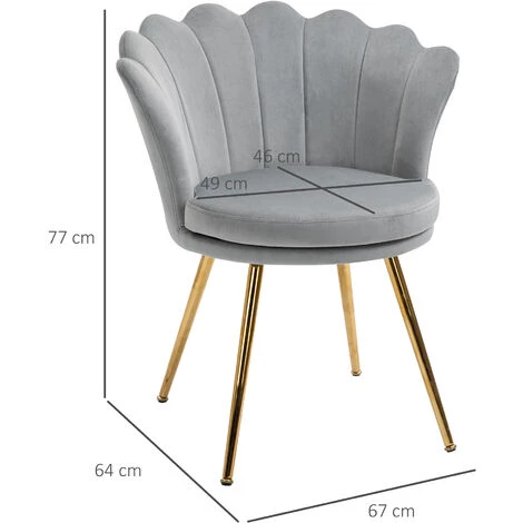 HOMCOM Chaise Coquillage Chaise Design Pieds Métal Dorés Effilés Velours Gris 5 HOMCOM Chaise Coquillage Chaise Design Pieds Métal Dorés Effilés Velours Gris – Image 3