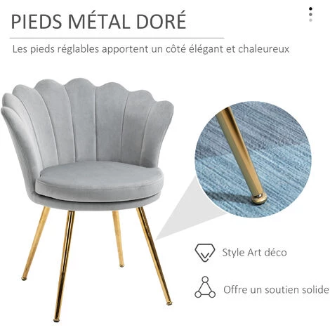HOMCOM Chaise Coquillage Chaise Design Pieds Métal Dorés Effilés Velours Gris 7 HOMCOM Chaise Coquillage Chaise Design Pieds Métal Dorés Effilés Velours Gris – Image 5