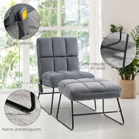 HOMCOM Fauteuil De Massage Avec Repose-pied - Style Néo-rétro Capitonné - Châssis Acier Noir Aspect Velours Gris 7 HOMCOM Fauteuil De Massage Avec Repose-pied - Style Néo-rétro Capitonné - Châssis Acier Noir Aspect Velours Gris – Image 5