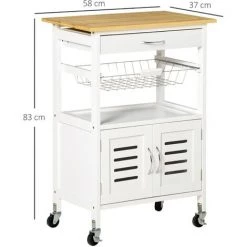 HOMCOM Desserte De Cuisine Multi-rangement - Dim. 58L X 37l X 83H Cm - 2 Portes, étagère, Panier, Tiroir - Poignées Métal MDF Blanc Plateau Bois Bambou Verni -France HOMCOM Soldes 2022 57232958 3