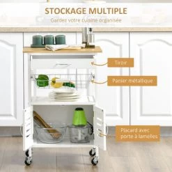 HOMCOM Desserte De Cuisine Multi-rangement - Dim. 58L X 37l X 83H Cm - 2 Portes, étagère, Panier, Tiroir - Poignées Métal MDF Blanc Plateau Bois Bambou Verni -France HOMCOM Soldes 2022 57232958 4