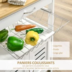 HOMCOM Desserte De Cuisine Multi-rangement - Dim. 58L X 37l X 83H Cm - 2 Portes, étagère, Panier, Tiroir - Poignées Métal MDF Blanc Plateau Bois Bambou Verni -France HOMCOM Soldes 2022 57232958 5