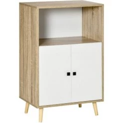 HOMCOM Buffet Meuble De Rangement Design Scandinave 2 Portes étagère Niche Panneaux Particules Blanc Aspect Chêne Clair