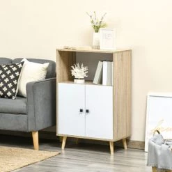 HOMCOM Buffet Meuble De Rangement Design Scandinave 2 Portes étagère Niche Panneaux Particules Blanc Aspect Chêne Clair -France HOMCOM Soldes 2022 57600888 4