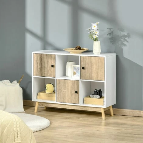 HOMCOM Bibliothèque Meuble De Rangement Design Scandinave 3 Niches 3 Portes Panneaux Particules Blanc Aspect Chêne Clair - Blanc 4 HOMCOM Bibliothèque Meuble De Rangement Design Scandinave 3 Niches 3 Portes Panneaux Particules Blanc Aspect Chêne Clair - Blanc – Image 2