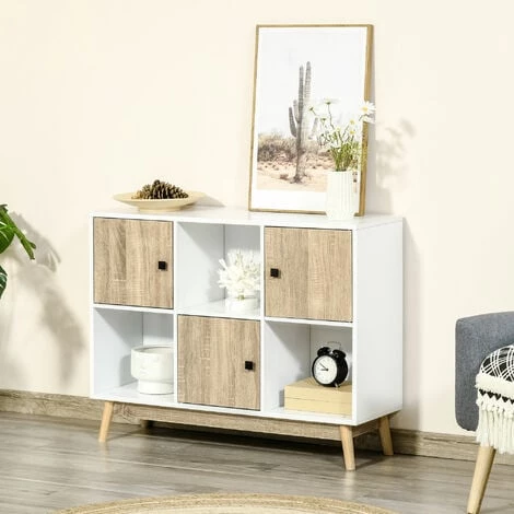 HOMCOM Bibliothèque Meuble De Rangement Design Scandinave 3 Niches 3 Portes Panneaux Particules Blanc Aspect Chêne Clair - Blanc 6 HOMCOM Bibliothèque Meuble De Rangement Design Scandinave 3 Niches 3 Portes Panneaux Particules Blanc Aspect Chêne Clair - Blanc – Image 4