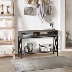 HOMCOM Table Console Table D'Entrée Industriel Multi-rangements 120 X 23,5 X 75 Cm Bois Gris - Gris -France HOMCOM Soldes 2022 58238500 4