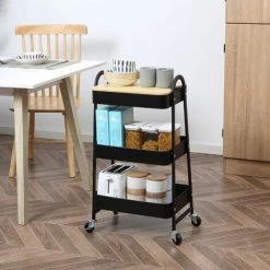 HOMCOM Desserte De Cuisine Chariot De Service Design Industriel 3 étagères Plateau Amovible Aspect Bois Clair Acier Noir - Noir -France HOMCOM Soldes 2022 58388410 2