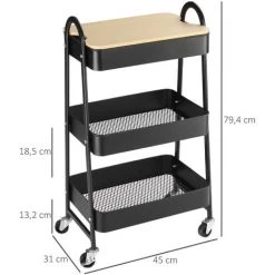 HOMCOM Desserte De Cuisine Chariot De Service Design Industriel 3 étagères Plateau Amovible Aspect Bois Clair Acier Noir - Noir -France HOMCOM Soldes 2022 58388410 3