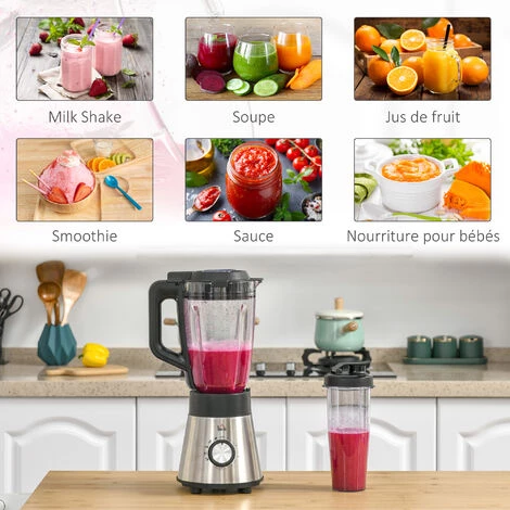 HOMCOM Blender 1000 W - 4 Modes - 5 Vitesses + Fonction Pulse - Bol Gradué 1,5 L, Verre, Grinder Inclus - Système Verrouillage Sécurité - Nettoyage Facile - Acier Inox. Verre 6 HOMCOM Blender 1000 W - 4 Modes - 5 Vitesses + Fonction Pulse - Bol Gradué 1,5 L, Verre, Grinder Inclus - Système Verrouillage Sécurité - Nettoyage Facile - Acier Inox. Verre – Image 4