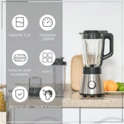 HOMCOM Blender 1000 W - 4 Modes - 5 Vitesses + Fonction Pulse - Bol Gradué 1,5 L, Verre, Grinder Inclus - Système Verrouillage Sécurité - Nettoyage Facile - Acier Inox. Verre 11 HOMCOM Blender 1000 W - 4 Modes - 5 Vitesses + Fonction Pulse - Bol Gradué 1,5 L, Verre, Grinder Inclus - Système Verrouillage Sécurité - Nettoyage Facile - Acier Inox. Verre -France HOMCOM Soldes 2022 58393091 5