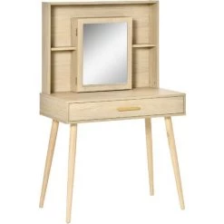 HOMCOM Coiffeuse Design Scandinave - Table De Maquillage - Grand Tiroir, 3 étagères, 2 Niches, Placard Porte Miroir - Piètement Hévéa Panneaux Particules Aspect Chêne Clair - Beige