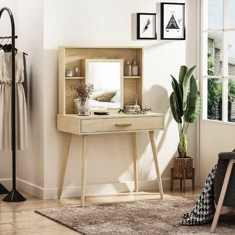 HOMCOM Coiffeuse Design Scandinave - Table De Maquillage - Grand Tiroir, 3 étagères, 2 Niches, Placard Porte Miroir - Piètement Hévéa Panneaux Particules Aspect Chêne Clair - Beige 4 HOMCOM Coiffeuse Design Scandinave - Table De Maquillage - Grand Tiroir, 3 étagères, 2 Niches, Placard Porte Miroir - Piètement Hévéa Panneaux Particules Aspect Chêne Clair - Beige – Image 2