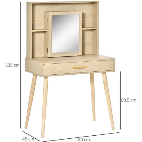 HOMCOM Coiffeuse Design Scandinave - Table De Maquillage - Grand Tiroir, 3 étagères, 2 Niches, Placard Porte Miroir - Piètement Hévéa Panneaux Particules Aspect Chêne Clair - Beige 5 HOMCOM Coiffeuse Design Scandinave - Table De Maquillage - Grand Tiroir, 3 étagères, 2 Niches, Placard Porte Miroir - Piètement Hévéa Panneaux Particules Aspect Chêne Clair - Beige – Image 3