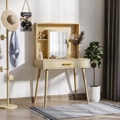 HOMCOM Coiffeuse Design Scandinave - Table De Maquillage - Grand Tiroir, 3 étagères, 2 Niches, Placard Porte Miroir - Piètement Hévéa Panneaux Particules Aspect Chêne Clair - Beige 10 HOMCOM Coiffeuse Design Scandinave - Table De Maquillage - Grand Tiroir, 3 étagères, 2 Niches, Placard Porte Miroir - Piètement Hévéa Panneaux Particules Aspect Chêne Clair - Beige -France HOMCOM Soldes 2022 58393103 4