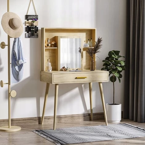 HOMCOM Coiffeuse Design Scandinave - Table De Maquillage - Grand Tiroir, 3 étagères, 2 Niches, Placard Porte Miroir - Piètement Hévéa Panneaux Particules Aspect Chêne Clair - Beige 6 HOMCOM Coiffeuse Design Scandinave - Table De Maquillage - Grand Tiroir, 3 étagères, 2 Niches, Placard Porte Miroir - Piètement Hévéa Panneaux Particules Aspect Chêne Clair - Beige – Image 4
