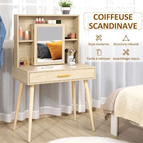 HOMCOM Coiffeuse Design Scandinave - Table De Maquillage - Grand Tiroir, 3 étagères, 2 Niches, Placard Porte Miroir - Piètement Hévéa Panneaux Particules Aspect Chêne Clair - Beige 7 HOMCOM Coiffeuse Design Scandinave - Table De Maquillage - Grand Tiroir, 3 étagères, 2 Niches, Placard Porte Miroir - Piètement Hévéa Panneaux Particules Aspect Chêne Clair - Beige – Image 5