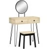 HOMCOM Coiffeuse Design Industriel - 2 Tiroirs, Grand Miroir - Tabouret Inclus - Métal Bois Hévéa Noir Panneaux Particules Aspect Chêne Clair - Beige