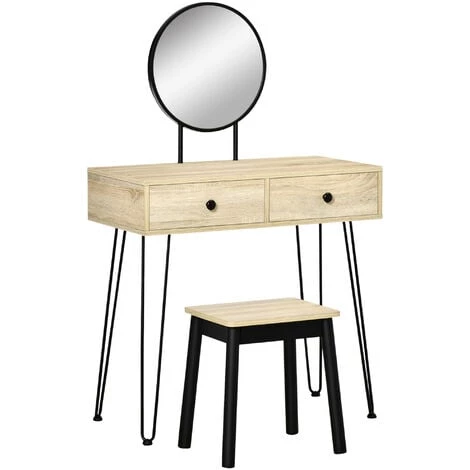 HOMCOM Coiffeuse Design Industriel - 2 Tiroirs, Grand Miroir - Tabouret Inclus - Métal Bois Hévéa Noir Panneaux Particules Aspect Chêne Clair - Beige 3 HOMCOM Coiffeuse Design Industriel - 2 Tiroirs, Grand Miroir - Tabouret Inclus - Métal Bois Hévéa Noir Panneaux Particules Aspect Chêne Clair - Beige