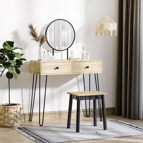 HOMCOM Coiffeuse Design Industriel - 2 Tiroirs, Grand Miroir - Tabouret Inclus - Métal Bois Hévéa Noir Panneaux Particules Aspect Chêne Clair - Beige 4 HOMCOM Coiffeuse Design Industriel - 2 Tiroirs, Grand Miroir - Tabouret Inclus - Métal Bois Hévéa Noir Panneaux Particules Aspect Chêne Clair - Beige – Image 2