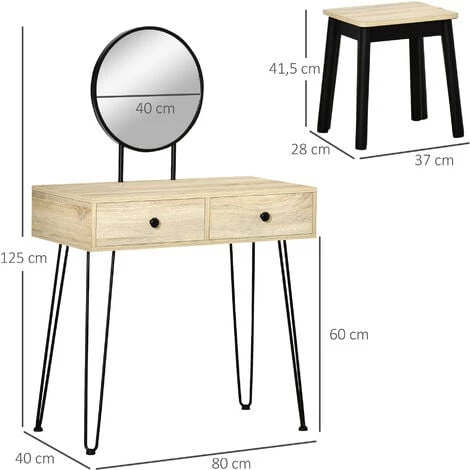 HOMCOM Coiffeuse Design Industriel - 2 Tiroirs, Grand Miroir - Tabouret Inclus - Métal Bois Hévéa Noir Panneaux Particules Aspect Chêne Clair - Beige 5 HOMCOM Coiffeuse Design Industriel - 2 Tiroirs, Grand Miroir - Tabouret Inclus - Métal Bois Hévéa Noir Panneaux Particules Aspect Chêne Clair - Beige – Image 3