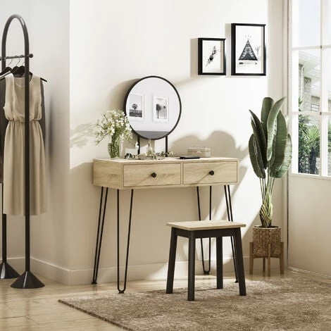 HOMCOM Coiffeuse Design Industriel - 2 Tiroirs, Grand Miroir - Tabouret Inclus - Métal Bois Hévéa Noir Panneaux Particules Aspect Chêne Clair - Beige 6 HOMCOM Coiffeuse Design Industriel - 2 Tiroirs, Grand Miroir - Tabouret Inclus - Métal Bois Hévéa Noir Panneaux Particules Aspect Chêne Clair - Beige – Image 4