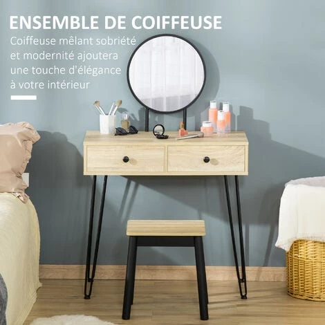 HOMCOM Coiffeuse Design Industriel - 2 Tiroirs, Grand Miroir - Tabouret Inclus - Métal Bois Hévéa Noir Panneaux Particules Aspect Chêne Clair - Beige 7 HOMCOM Coiffeuse Design Industriel - 2 Tiroirs, Grand Miroir - Tabouret Inclus - Métal Bois Hévéa Noir Panneaux Particules Aspect Chêne Clair - Beige – Image 5