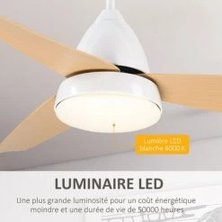 HOMCOM Ventilateur De Plafond Plafonnier 2 En 1 Réversible - 3 Pales, 6 Vitesses, Timer - Télécommande, Kit Installation Inclus - Métal Blanc ABS Aspect Bois Clair 10 HOMCOM Ventilateur De Plafond Plafonnier 2 En 1 Réversible - 3 Pales, 6 Vitesses, Timer - Télécommande, Kit Installation Inclus - Métal Blanc ABS Aspect Bois Clair -France HOMCOM Soldes 2022 58393139 4