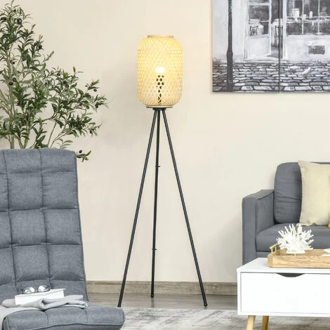 HOMCOM Lampadaire Trépied Cannage Bambou Style Cosy 40 W Max. H.152H Cm Piètement Acier Noir - Beige 4 HOMCOM Lampadaire Trépied Cannage Bambou Style Cosy 40 W Max. H.152H Cm Piètement Acier Noir - Beige – Image 2