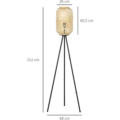 HOMCOM Lampadaire Trépied Cannage Bambou Style Cosy 40 W Max. H.152H Cm Piètement Acier Noir - Beige 5 HOMCOM Lampadaire Trépied Cannage Bambou Style Cosy 40 W Max. H.152H Cm Piètement Acier Noir - Beige – Image 3