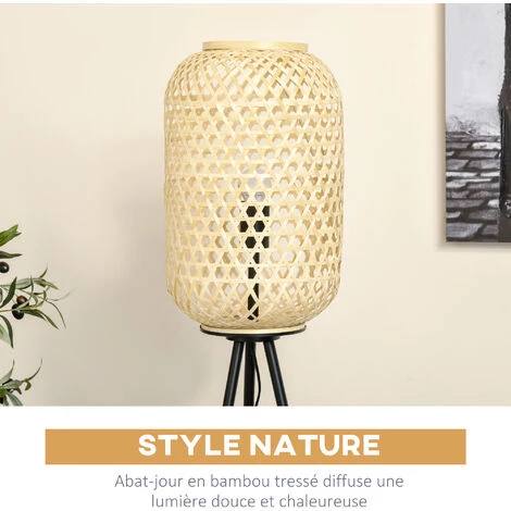 HOMCOM Lampadaire Trépied Cannage Bambou Style Cosy 40 W Max. H.152H Cm Piètement Acier Noir - Beige 7 HOMCOM Lampadaire Trépied Cannage Bambou Style Cosy 40 W Max. H.152H Cm Piètement Acier Noir - Beige – Image 5
