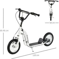 HOMCOM Trottinette Patinette Pour Enfants Plus De 5 Ans Grands Pneus Guidon Réglable 2 Freins Contrôlés Par Poignée Béquille Latérale 120 X 58 X 85-95 Cm Blanc -France HOMCOM Soldes 2022 58757530 3