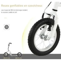 HOMCOM Trottinette Patinette Pour Enfants Plus De 5 Ans Grands Pneus Guidon Réglable 2 Freins Contrôlés Par Poignée Béquille Latérale 120 X 58 X 85-95 Cm Blanc -France HOMCOM Soldes 2022 58757530 4