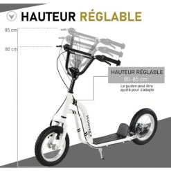 HOMCOM Trottinette Patinette Pour Enfants Plus De 5 Ans Grands Pneus Guidon Réglable 2 Freins Contrôlés Par Poignée Béquille Latérale 120 X 58 X 85-95 Cm Blanc -France HOMCOM Soldes 2022 58757530 5