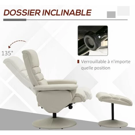 HOMCOM Fauteuil Relax Inclinable Pivotant Contemporain Avec Repose-pieds Grand Confort Revêtement Synthétique Crème - Crème 6 HOMCOM Fauteuil Relax Inclinable Pivotant Contemporain Avec Repose-pieds Grand Confort Revêtement Synthétique Crème - Crème – Image 4