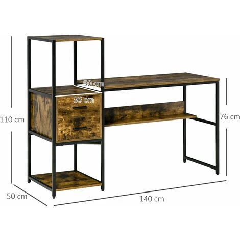 HOMCOM Bureau Informatique Design Industriel Avec Bibliothèque 3 étagères 2 Tiroirs Panneaux Particules Aspect Vieux Bois Métal Noir - Marron 5 HOMCOM Bureau Informatique Design Industriel Avec Bibliothèque 3 étagères 2 Tiroirs Panneaux Particules Aspect Vieux Bois Métal Noir - Marron – Image 3